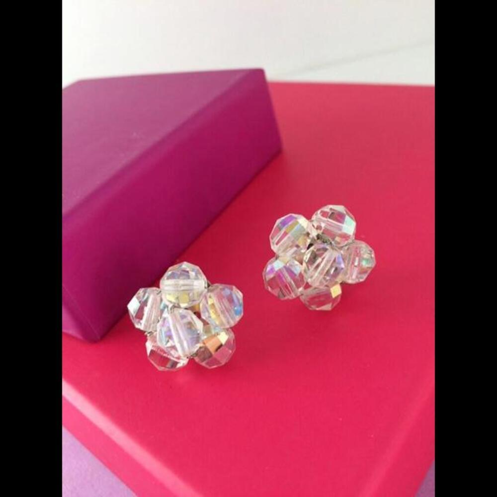 Vintage Aurora Borealis Crystal Cluster Earrings- Unsigned